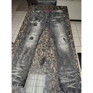 Makobi Mens Moto Biker Jeans Black Acid Wash Distressed M1786 38x34